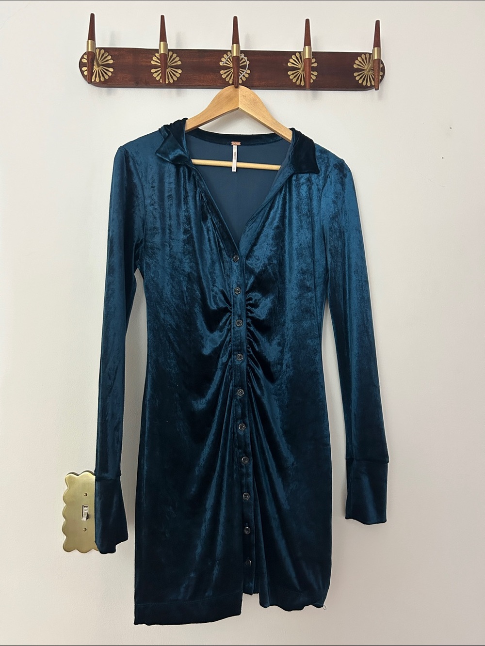 Free People Long Sleeve Velvet Button-Front Dress in Deep Teal